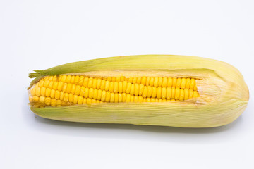 Yellow corn raw isolated on white background, front view from the top, technical cost-up.
