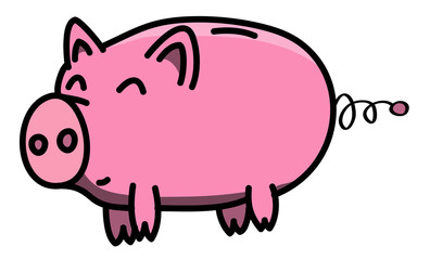 Hand drawn pink, clean, shiny and happy fat piggybank animal outline in cartoon style, colored illustration for kids.
