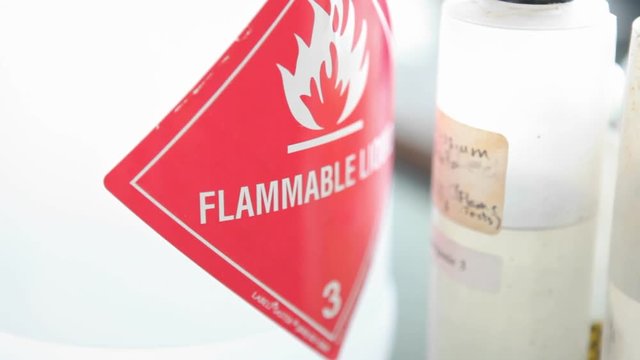 A label warns that the substance in the container may catch fire.