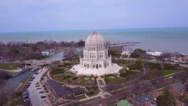 Beautiful aerial over the Baha'i Temple in Chicago, Illinois.