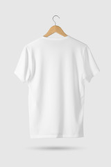 Blank White T-Shirt Mock-up on wooden hanger, rear side view. 3D Rendering.