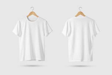 Blank White T-Shirt Mock-up on wooden hanger, front and rear side view. 3D Rendering. - obrazy, fototapety, plakaty