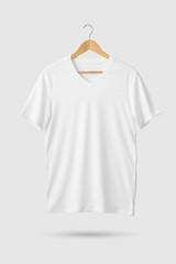 Blank White V-Neck Shirt Mock-up on wooden hanger, front side view. 3D Rendering.