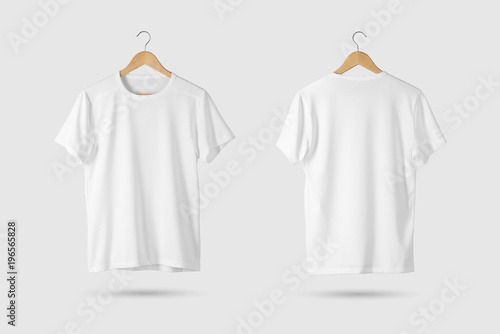 Download Blank White T Shirt Mock Up On Wooden Hanger Front And Rear Side View 3d Rendering Wall Mural Primemockup