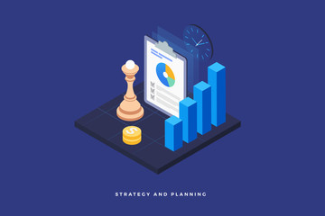 Strategy and planning, analyzing project, financial report and successful business development. Chess piece on the board, infographic, money and clock. 3d isometric flat design. Vector illustration.