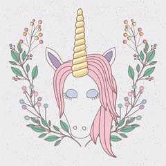 colorful frame with front face of unicorn and half floral crown vector illustration