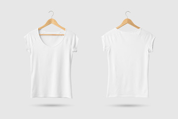 Blank White Women's T-Shirt Mock-up on wooden hanger, front and rear side view. 3D Rendering.