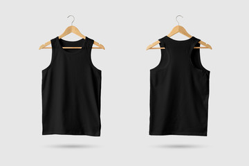 Black Tank Top Shirt Mock-up on wooden hanger, front and rear side view. 3D Rendering.