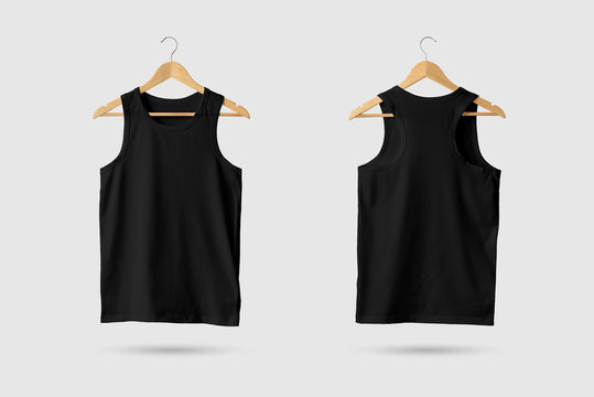 Black Tank Top Shirt Mock up on wooden hanger front and rear side view. 3D Rendering. Stock Photo Adobe Stock