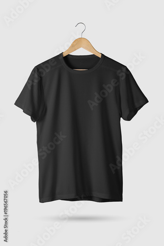 Download "Black T-Shirt Mock-up on wooden hanger, front side view ...