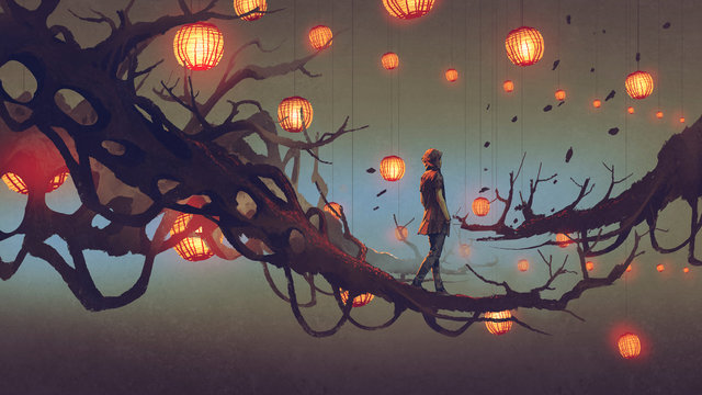 man walking on a tree branch with many red lanterns on background, digital art style, illustration painting