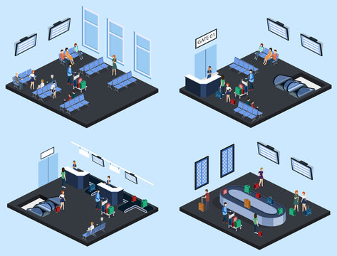 Isometric 3D Vector Illustration Set People At The Airport With Luggage And Waiting For The Plane