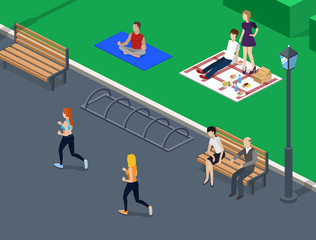 People relax in a green park vector illustration 3D isometric