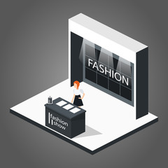 Isometric 3D vector illustration expo fashion show stand exhibition with people