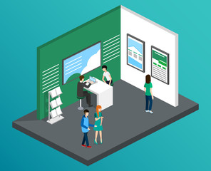Isometric 3D vector illustration expo stand exhibition with people