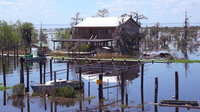 A rundown old house on stilts in rural deep South.