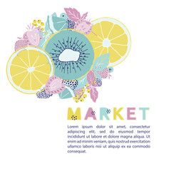 Fresh market design concept. Hand drawn vector illustration with fruits, berries and alphabet.