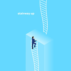 a man in a business suit looks up the rope ladder, isometric image