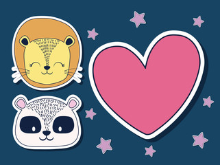 heart with raccoon and lion over blue background, colorful design. vector illustration