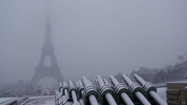 Snowy day in Paris, France