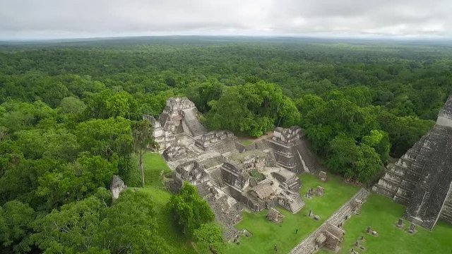 Great aerial shot over the Tikal pyramids in Guatemala.