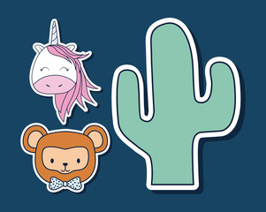 cactus with unicorn and monkey over blue background, colorful design. vector illustration