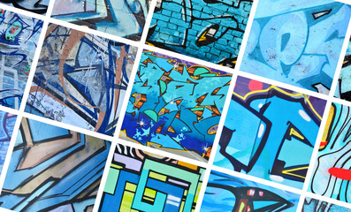 A set of many small fragments of graffiti drawings. Street art abstract background collage in blue...