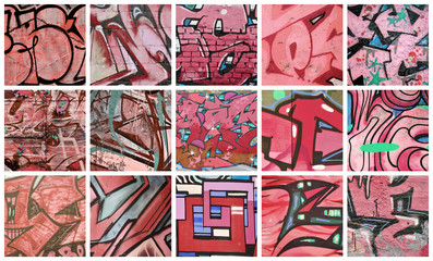 A set of many small fragments of graffiti drawings. Street art abstract background collage in red...