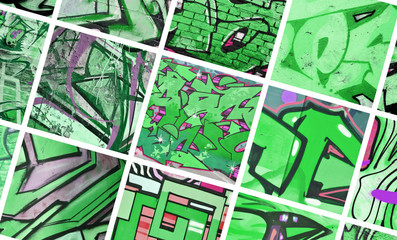 A set of many small fragments of graffiti drawings. Street art abstract background collage in green colors