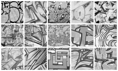A set of many small fragments of tagged walls. Graffiti vandalism abstract background collage in...