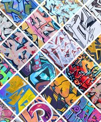 A set of many small fragments of graffiti drawings. Street art abstract background collage