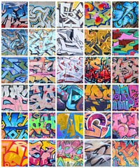 A set of many small fragments of graffiti drawings. Street art abstract background collage