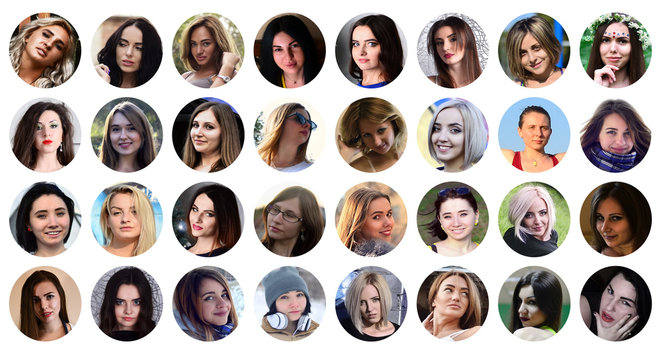 Collage group portraits of young caucasian girls for social media network. Set of round female avatar isolated on a white background