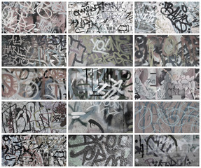 A set of many small fragments of tagged walls. Graffiti vandalism abstract background collage in...