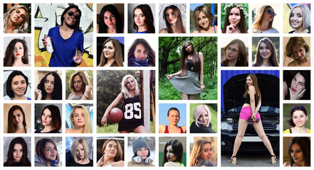 Collage group portraits of young caucasian girls for social media network. Set of round female pics...