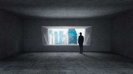 Thoughtful businessman standing in empty space concrete room with bright window and cityscape view . Mixed media .