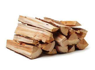 A stack of split firewood isolated on a white background