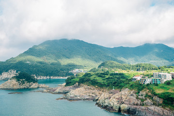 Naklejka premium Sea and island view from Sinseondae observation platform in Geoje, Korea