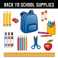 Back to school supplies for elementary, middle school, kindergarten, daycare, preschool: backpack, crayons, sharpener, markers, glue sticks, scissors, colored pencils, apple for the teacher, ruler
