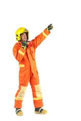 Fototapeta premium Firefighter in uniform and safety helmet standing full body length