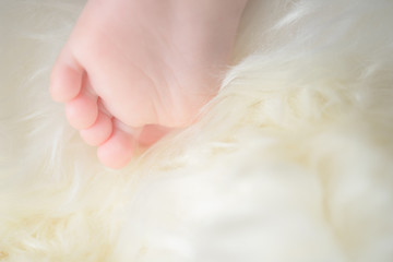 Bare feet of a cute newborn baby in warm white blanket. Childhood. Small bare feet of a little baby girl or boy. Sleeping newborn child.