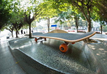 one skateboard on city skatepark ramp