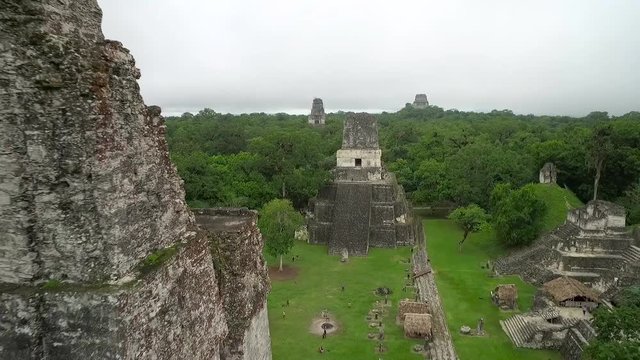 Great aerial shot over the Tikal pyramids in Guatemala.