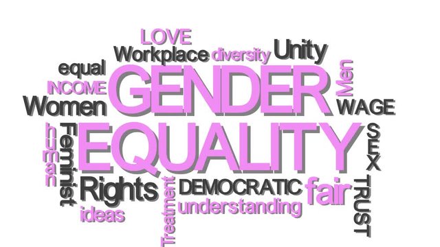 Gender equality typography word cloud with relevant buzzwords pink