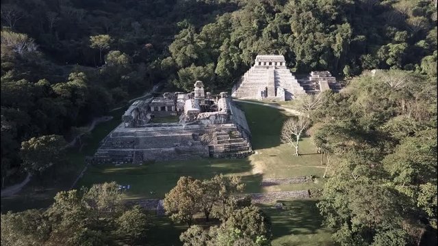 An aerial view over Palenque Mayan pyramids in Mexico.
