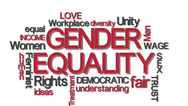 Gender equality typography word cloud with relevant buzzwords red