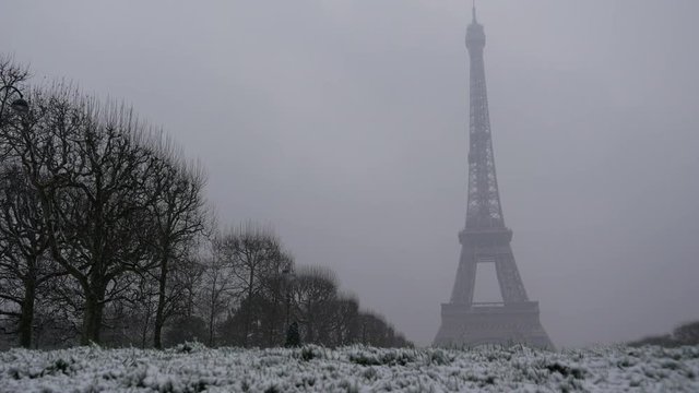 Snowy day in Paris, France