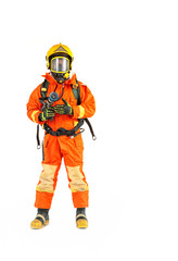 Firefighter in uniform and safety helmet standing full body length