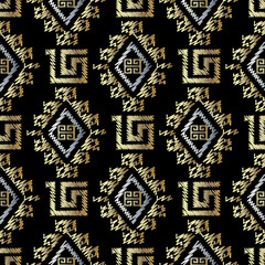 Embroidery greek key seamless pattern. Vector tapestry ancient meanders background. Ornate wallpapers design. Ethnic tribal embroidered ornament. 3d ornamental tapestry meander rhombus, zigzag, shapes