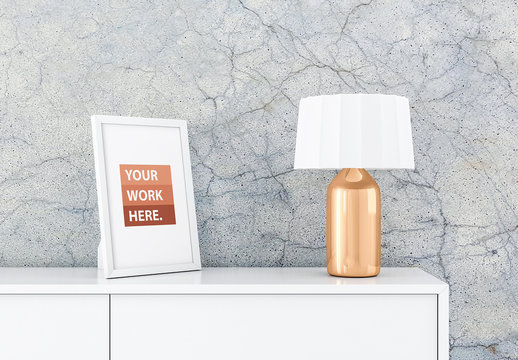 White Photo Frame Mockup with Gold Lamp on White Furniture